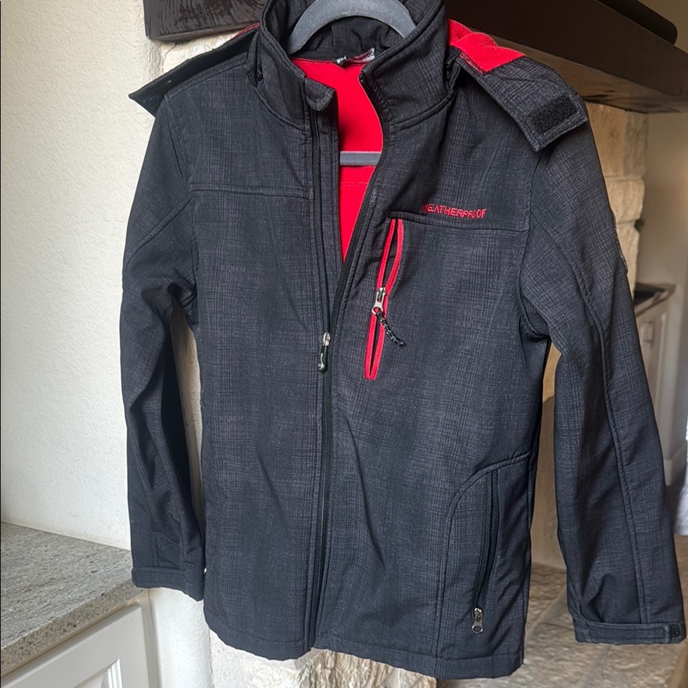 Weatherproof Gray Jacket with Red Zipper